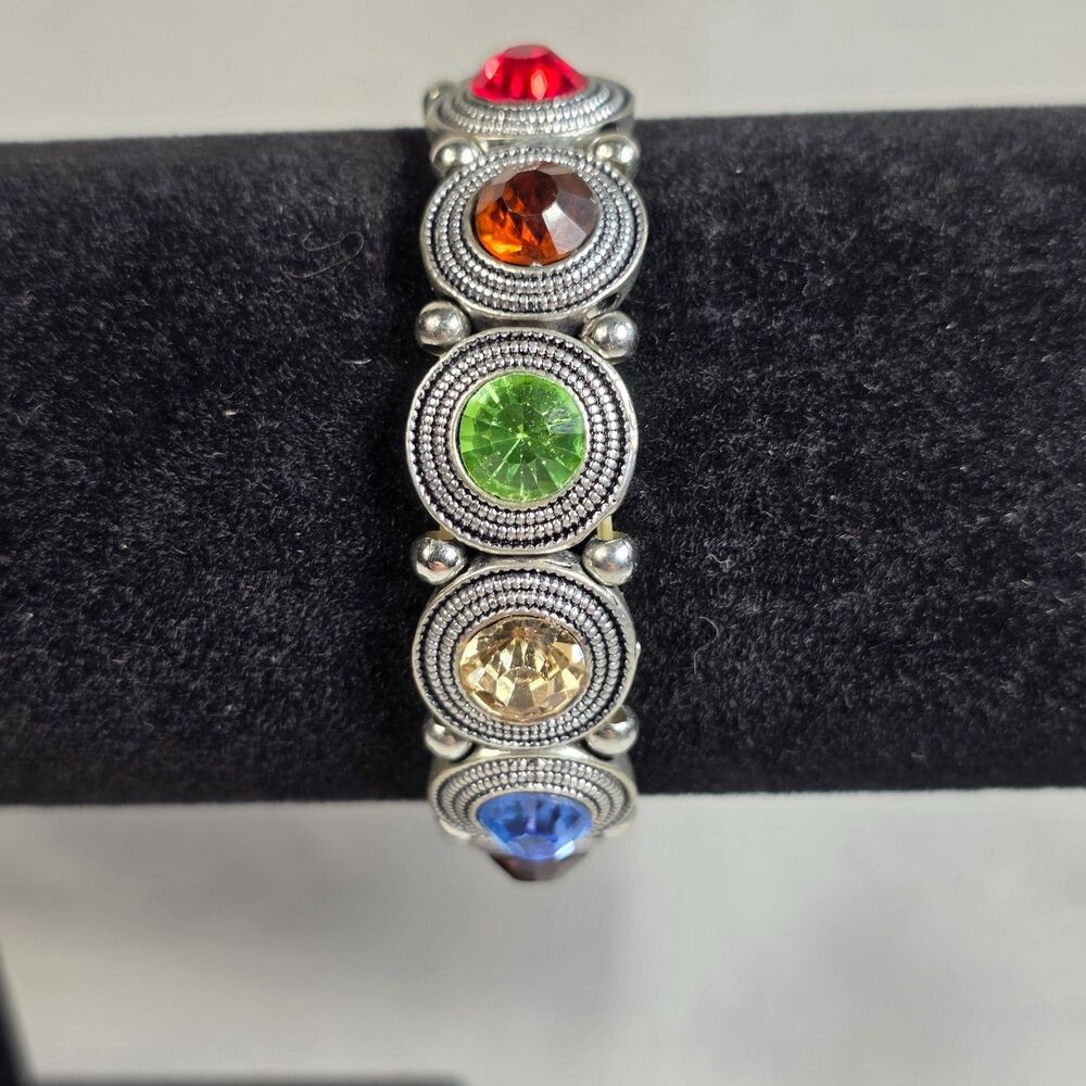 Antique Silver Tone Stretch Bracelet Circular Segments with Multicolor Crystals